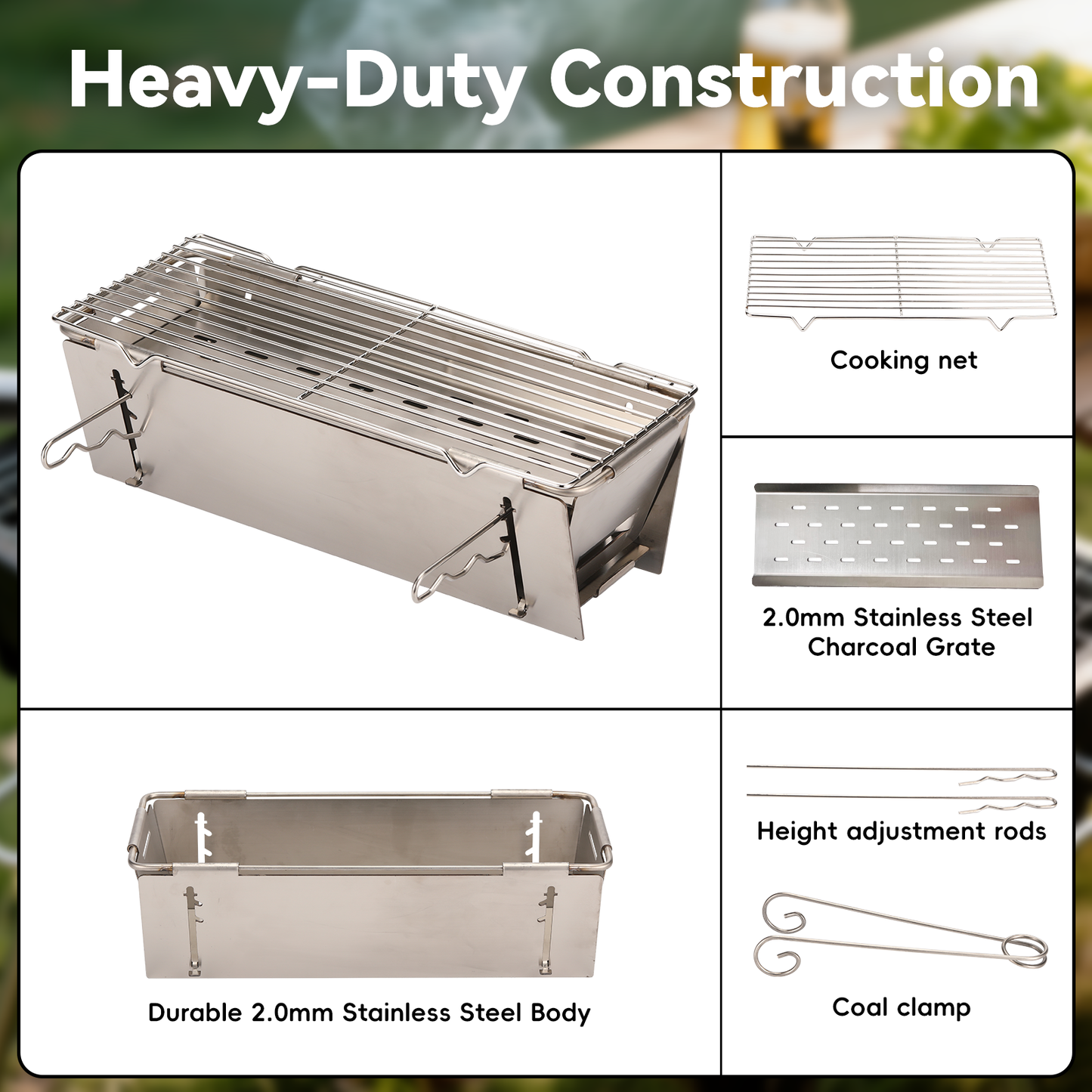 TADA Small Foldable Portable Charcoal Grill Heavy Duty Stainless Steel BBQ Grill for Outdoor Camping Picnic Beach